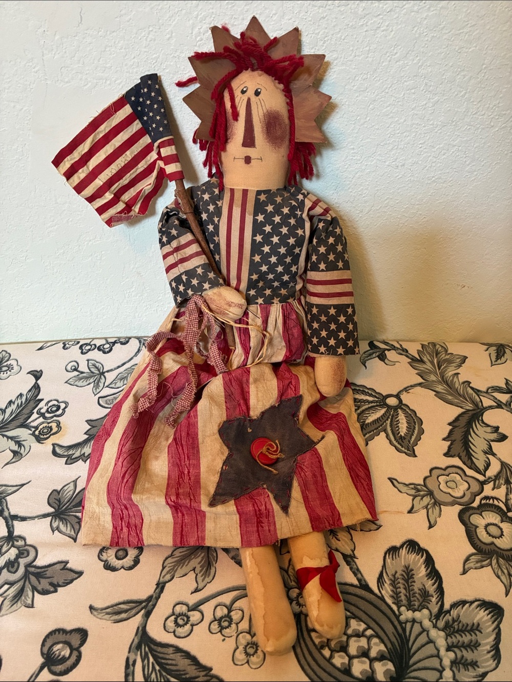 Vintage Patriotic Rag Doll Plush in Red, White & Blue Fabric